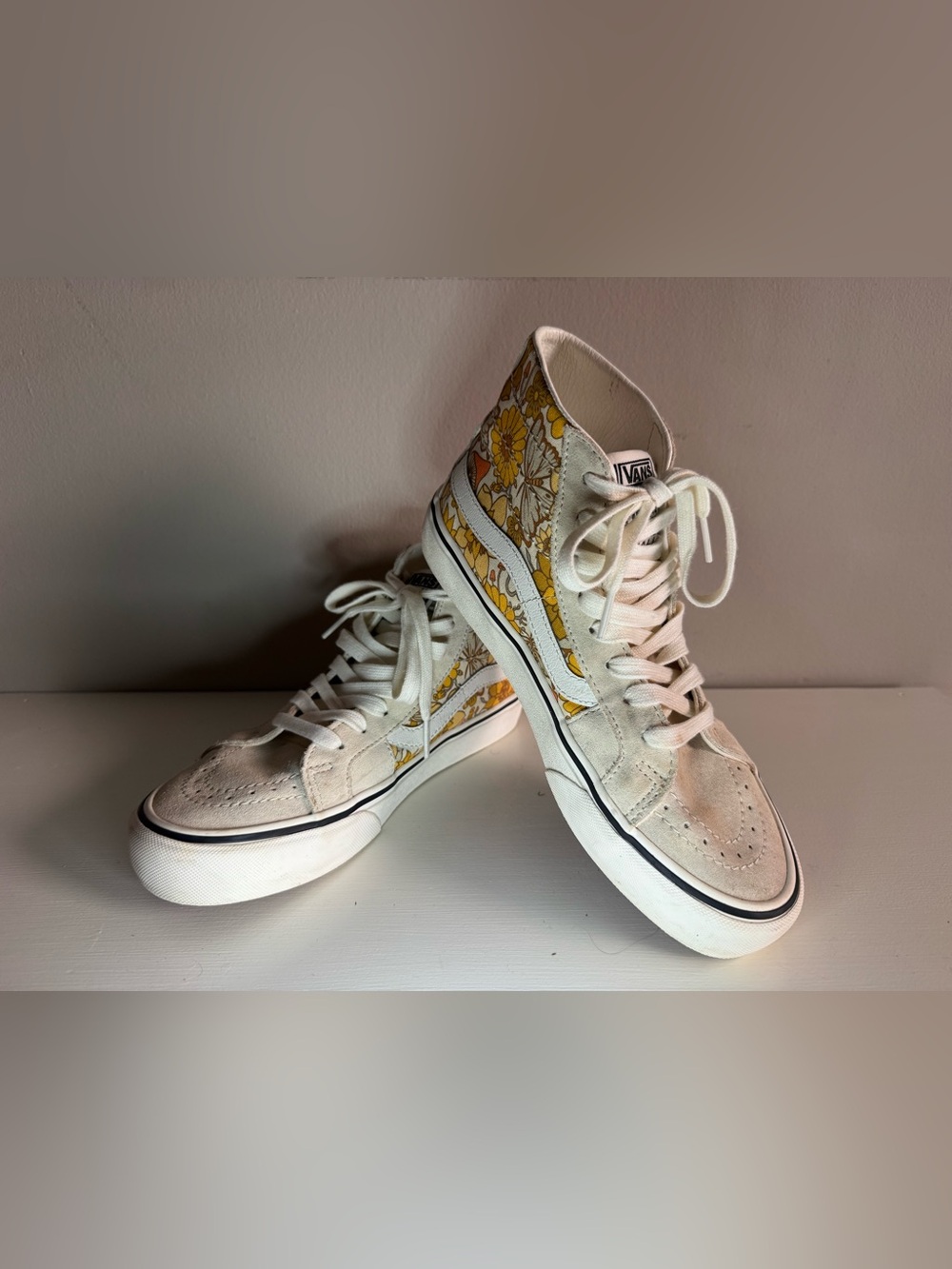 Vans High-Top Sneakers in White with Yellow Floral Panels